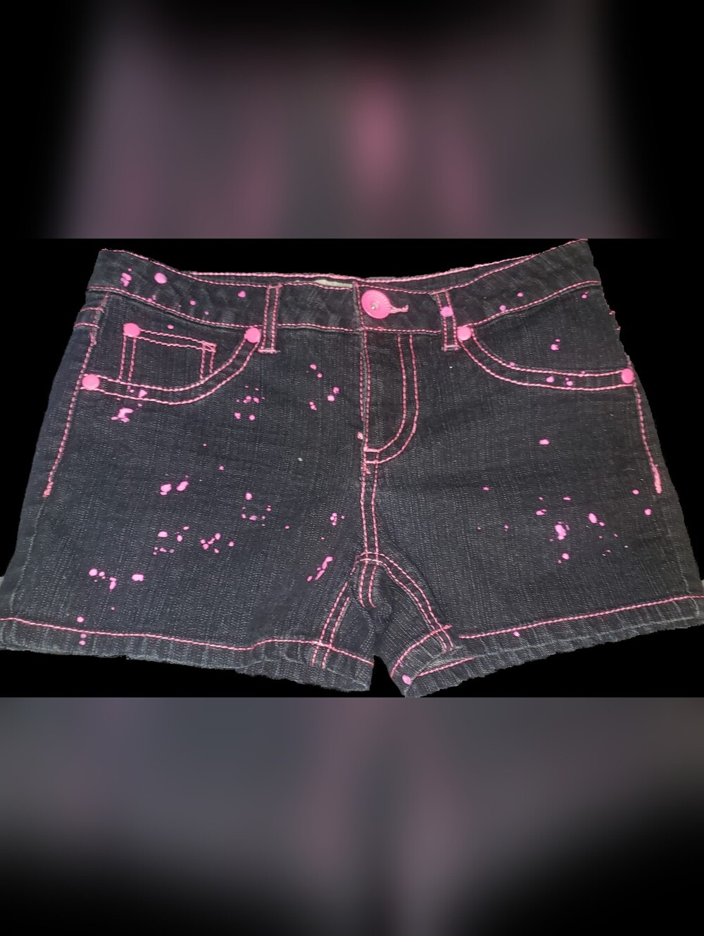 Black Denim Girl's Jean Shorts with Pink Stitching and Paint Splatter